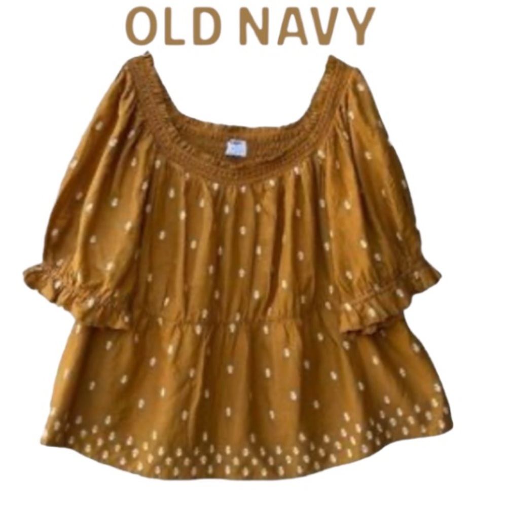 4X Old Navy Babydoll Top in Ancient Gold with Flower Motif and Puffed Sleeves